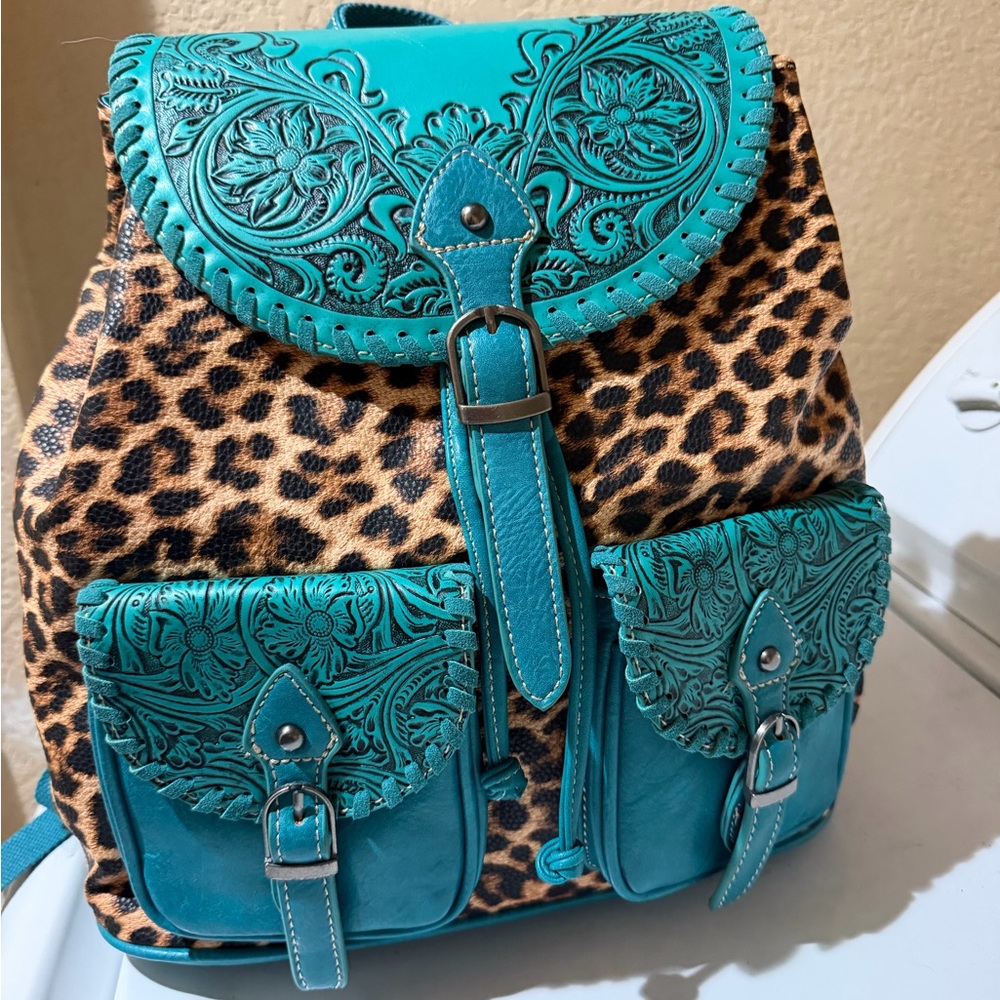 Montana West Turquoise Floral Tooled Leather & Leopard Print Backpack